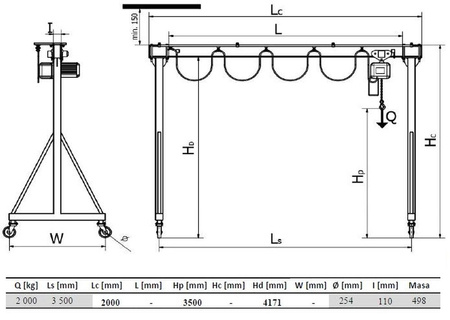IMPROWEGLE Wyciągarka łańcuchowa z łańcuchem manewrowym miproCrane, zintegrowany z wózkiem pchanym (udźwig: 2000 kg, wysięg: 3500 mm, wysokość podnoszenia: 4171 mm) 33978964